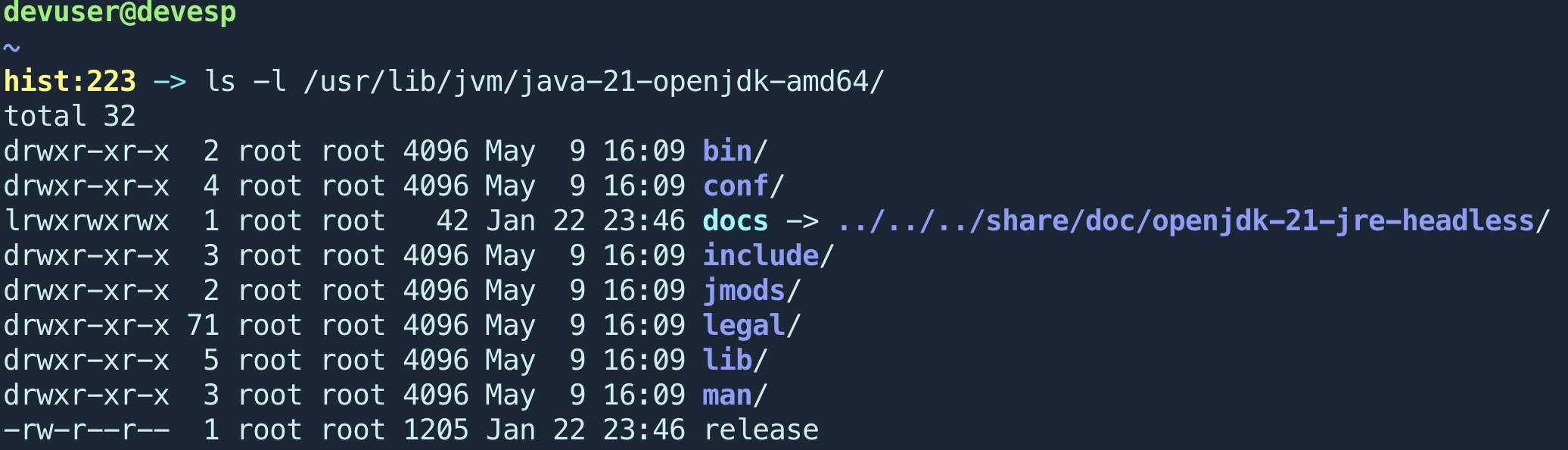 Ejemplo de listado de archivos y carpetas con el comando ls -l que muestra tipos de archivo y permisos